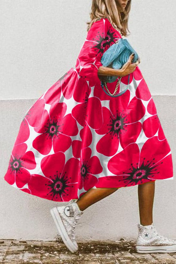 LM | Vintage floral print high low hem A-line midi dress
