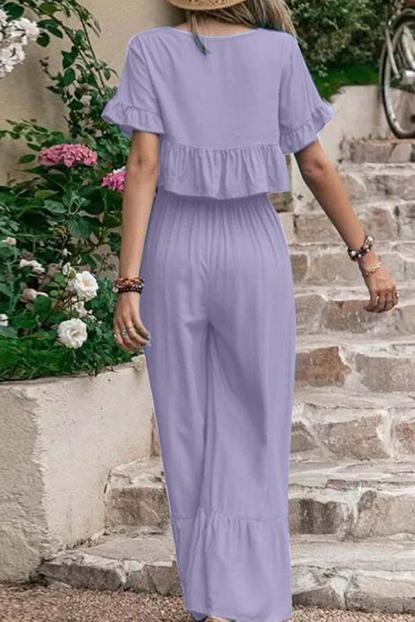 LM | Casual loose monochrome short-sleeved wide leg pants two-piece set