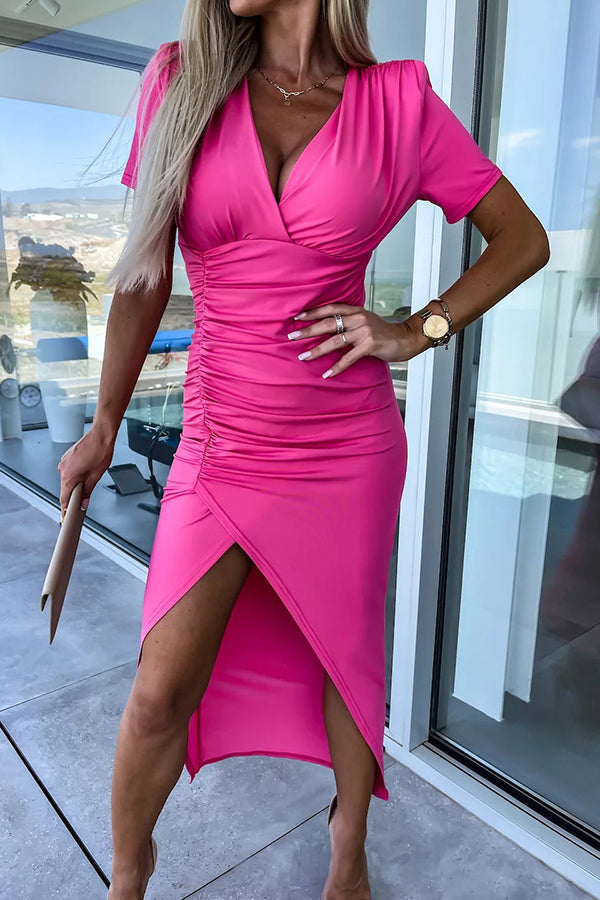 LM | Lucky To Have You Padded shoulders Gathered midi dress with slit