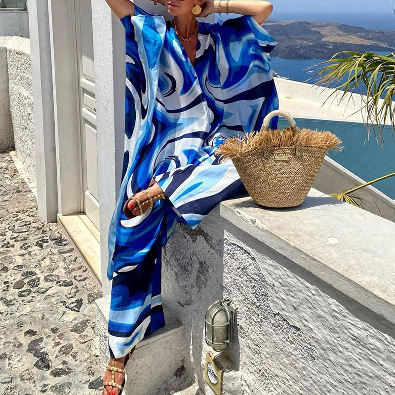 LM | European and American Fashionable Batwing Sleeve Top Wide Leg Pants Two Piece Set