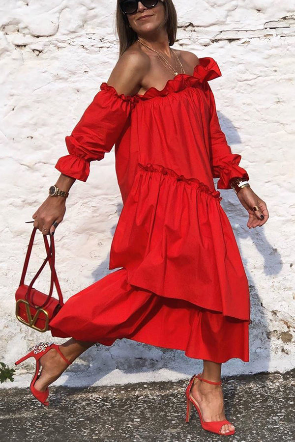 LM | Fionna Off Shoulder Ruffle Irregular Trim Loose Midi Dress