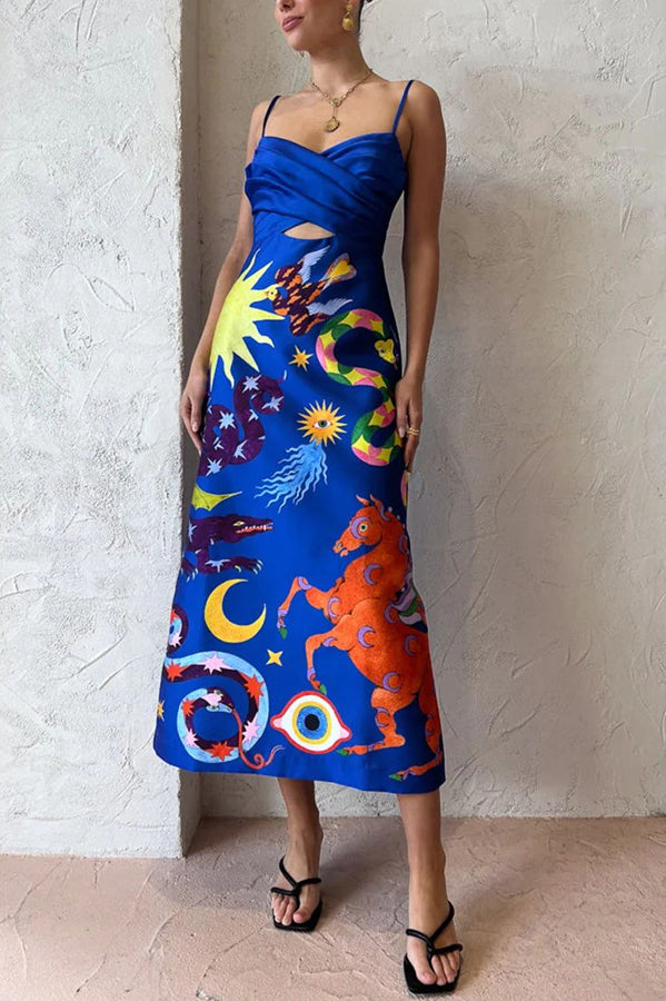 LM | Main Stage Unique Printed Ruffled Cross Over Detail Strap Midi Dress