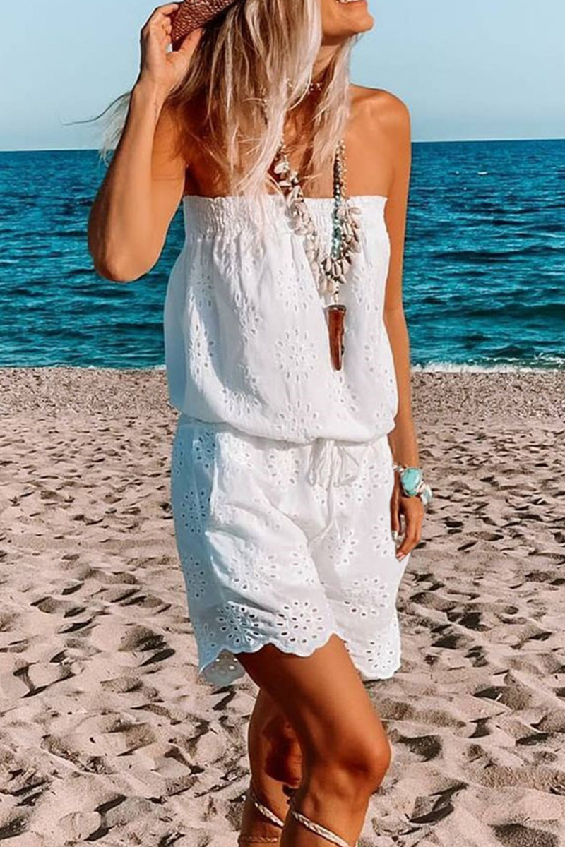 LM | Casual Solid Hollowed Out Frenulum Strapless Loose Rompers