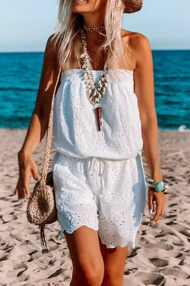 LM | Casual Solid Hollowed Out Frenulum Strapless Loose Rompers