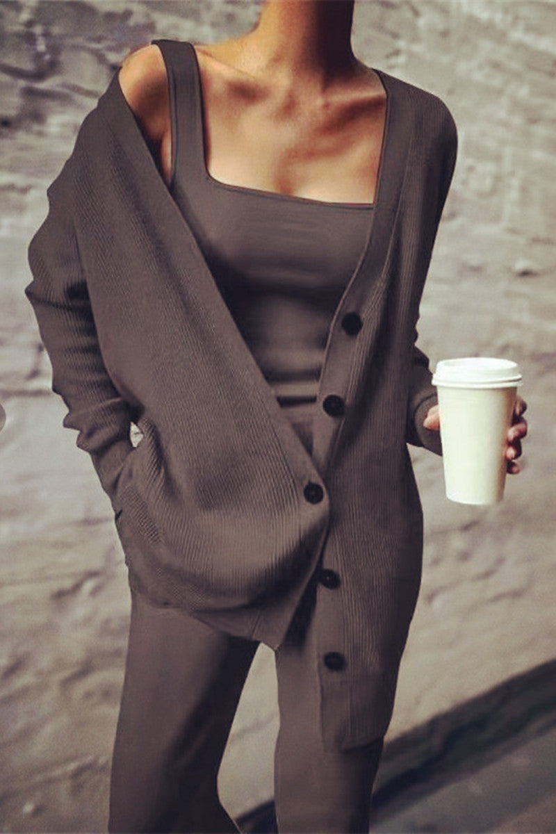 LM | Casual Solid Cardigan Vests Pants Square Collar Long Sleeve Three Piece Set (3 Colors)