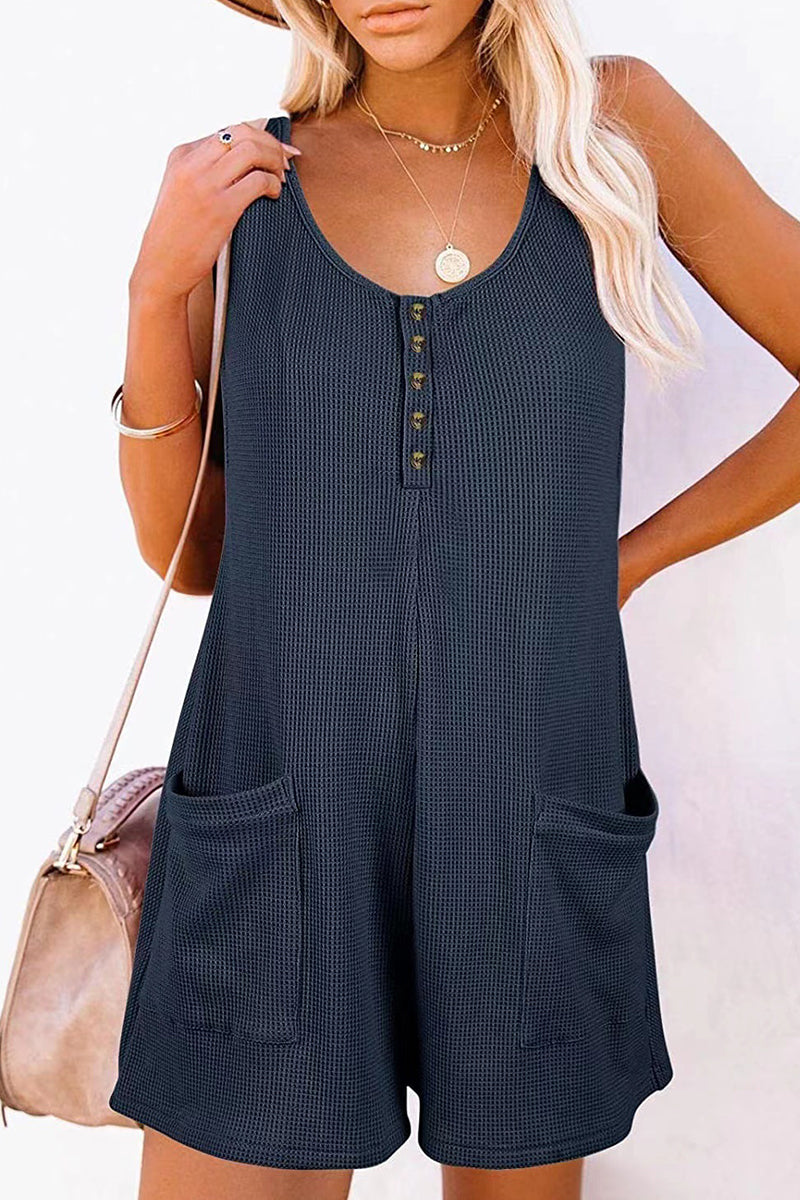 LM | Casual street solid pocket buttons V neck loose rompers (6 colors)