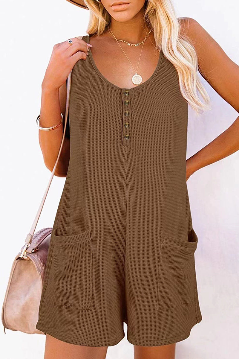 LM | Casual street solid pocket buttons V neck loose rompers (6 colors)