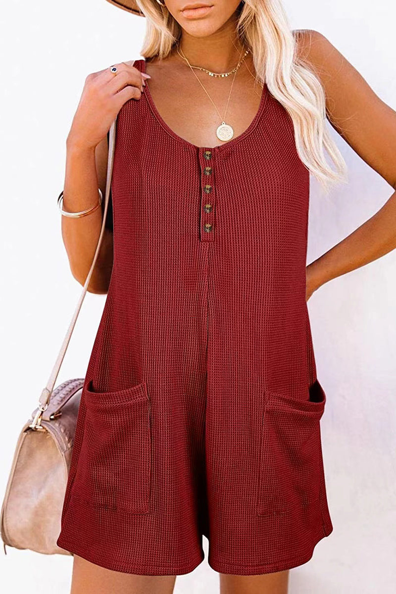 LM | Casual street solid pocket buttons V neck loose rompers (6 colors)