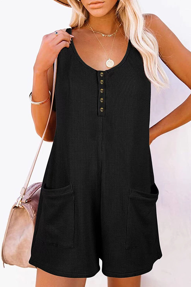 LM | Casual street solid pocket buttons V neck loose rompers (6 colors)