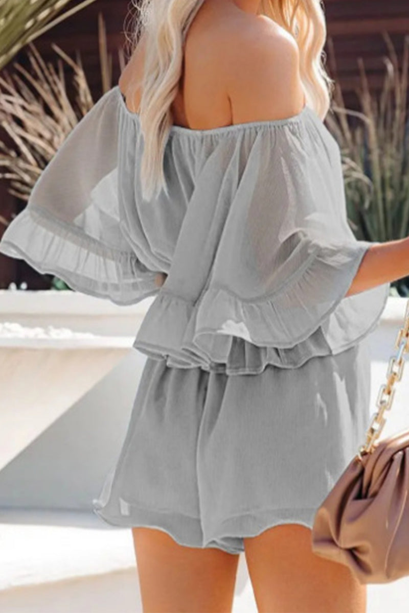 LM | Casual Daily Solid Patchwork Flounce Off The Shoulder Loose Rompers