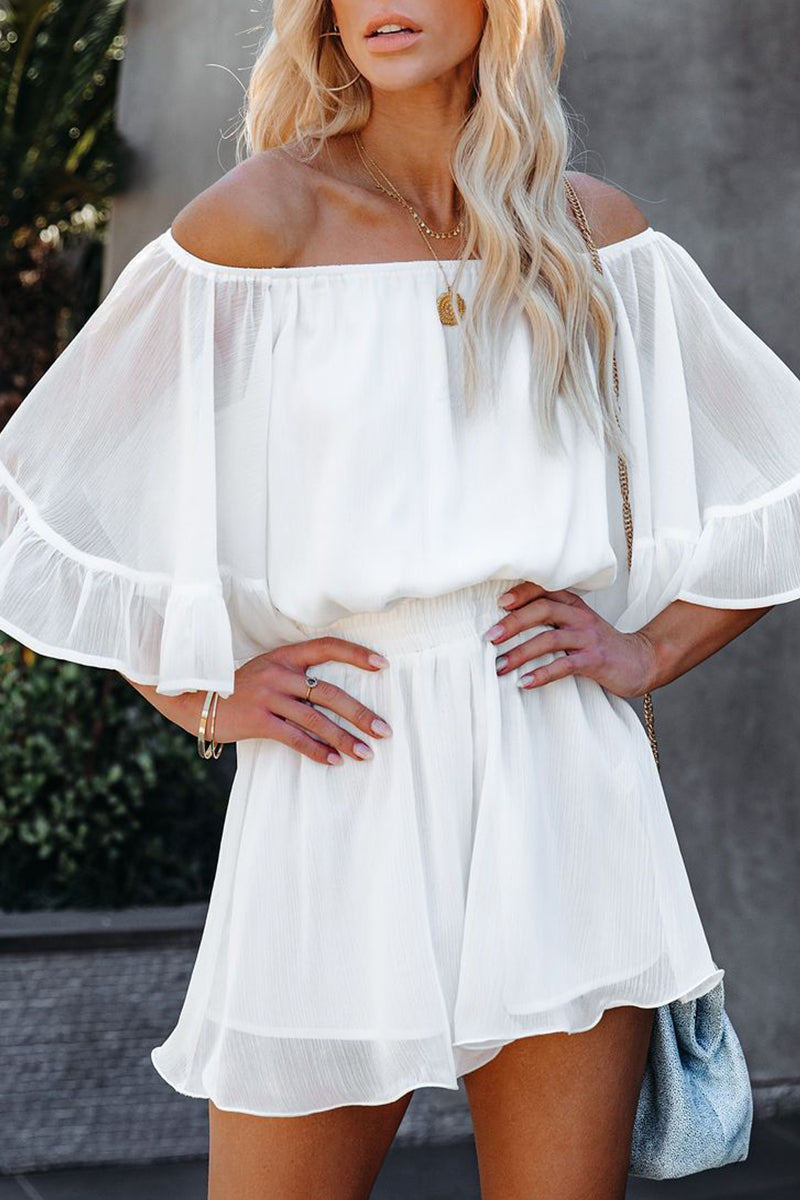 LM | Casual Daily Solid Patchwork Flounce Off The Shoulder Loose Rompers