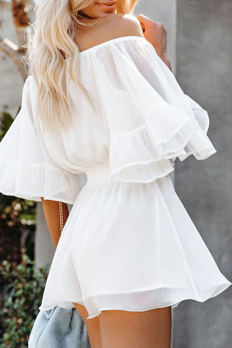 LM | Casual Daily Solid Patchwork Flounce Off The Shoulder Loose Rompers