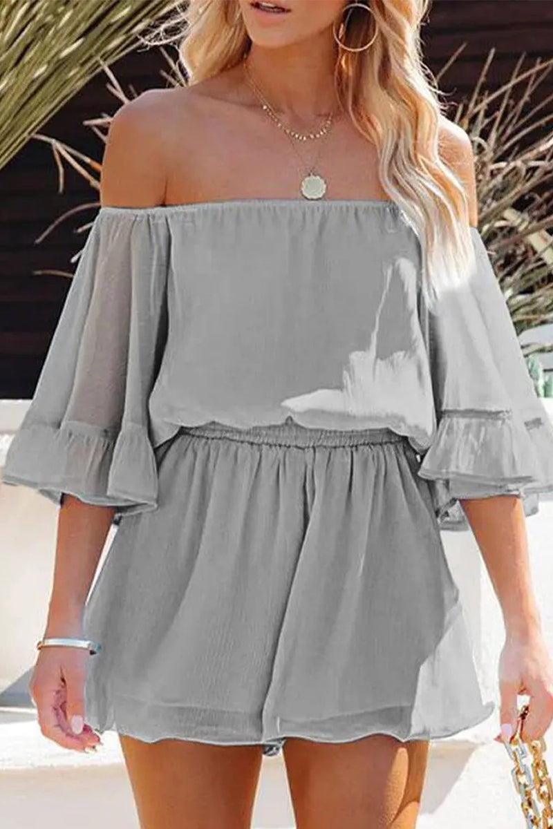 LM | Casual Daily Solid Patchwork Flounce Off The Shoulder Loose Rompers