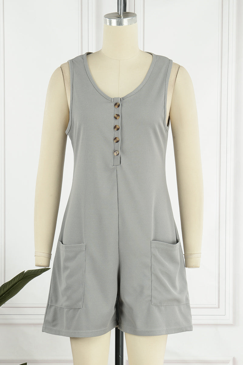 LM | Casual street solid pocket buttons V neck loose rompers (6 colors)