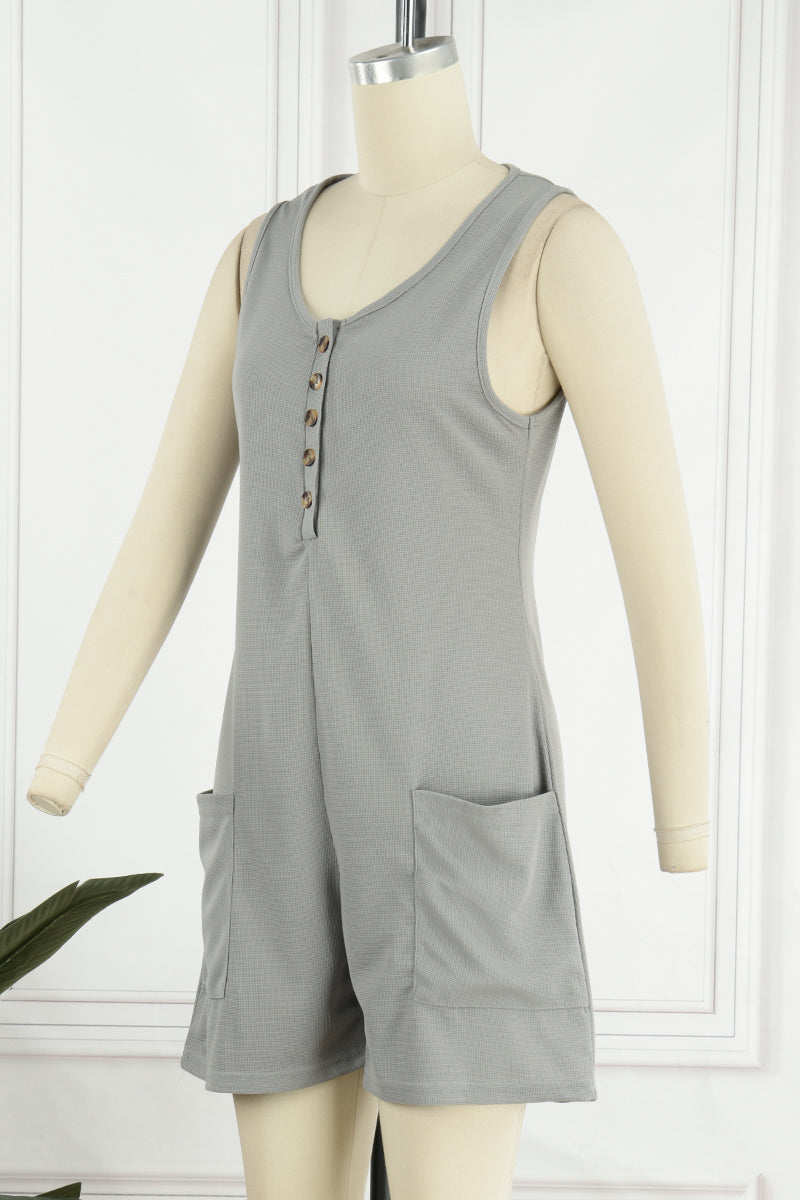 LM | Casual street solid pocket buttons V neck loose rompers (6 colors)