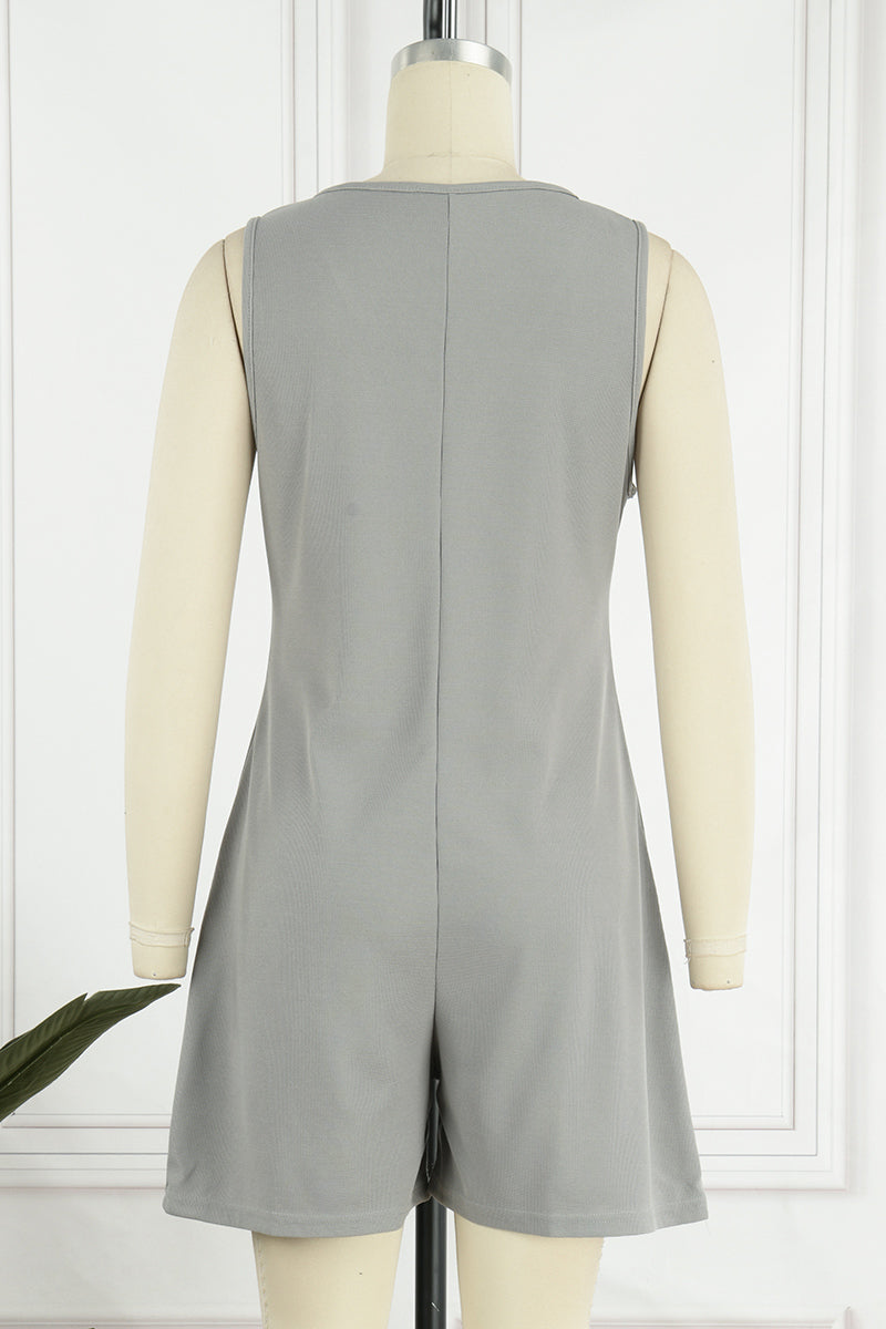 LM | Casual street solid pocket buttons V neck loose rompers (6 colors)