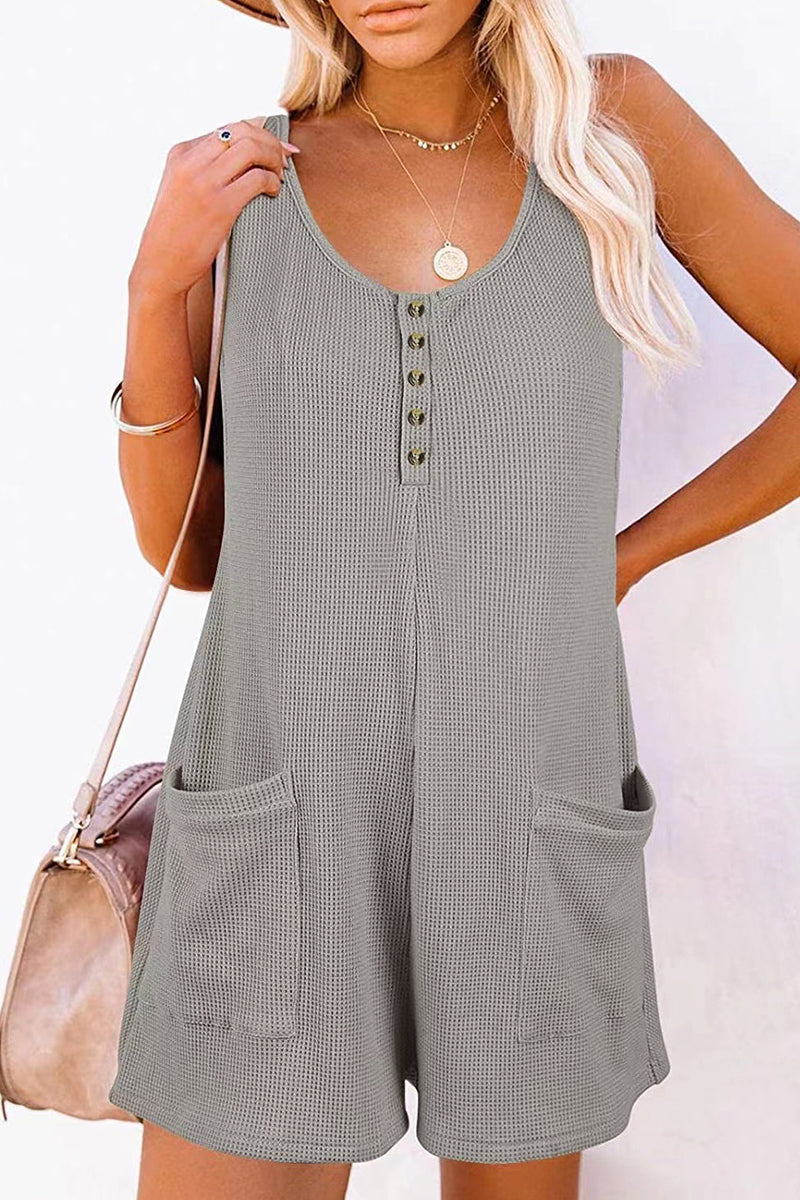 LM | Casual street solid pocket buttons V neck loose rompers (6 colors)