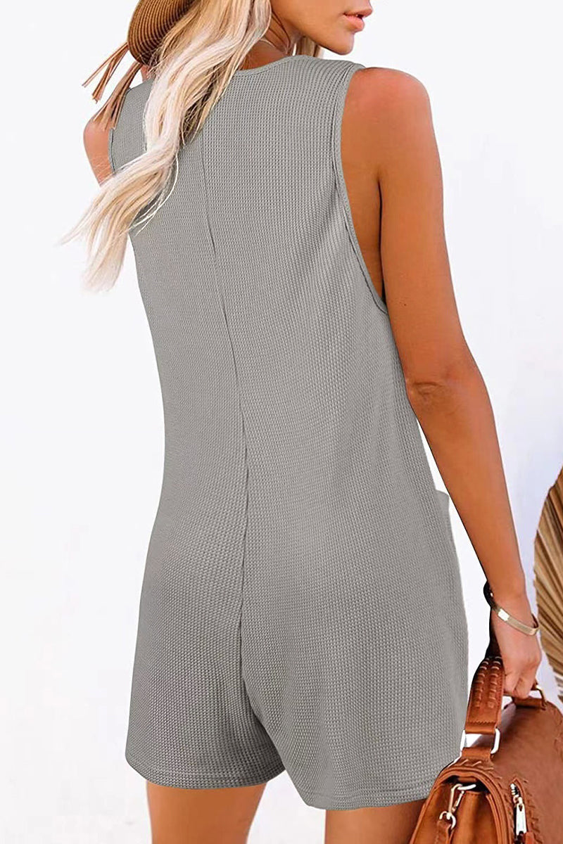 LM | Casual street solid pocket buttons V neck loose rompers (6 colors)