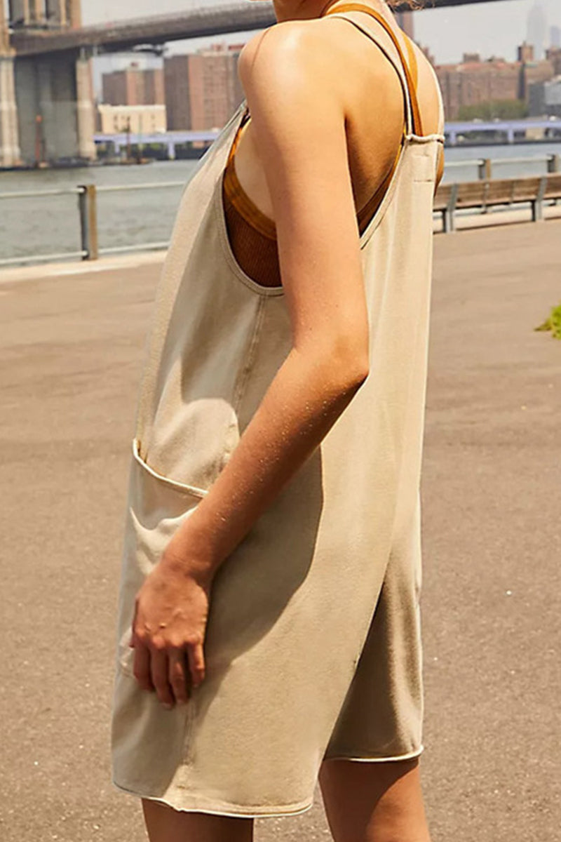 LM | Casual Simplicity Solid Bag V Neck Loose Rompers