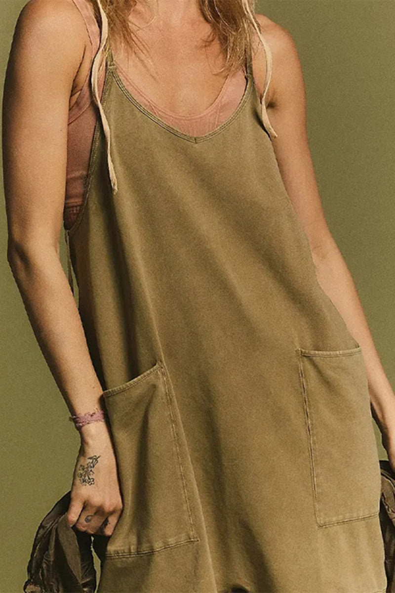 LM | Casual Simplicity Solid Bag V Neck Loose Rompers