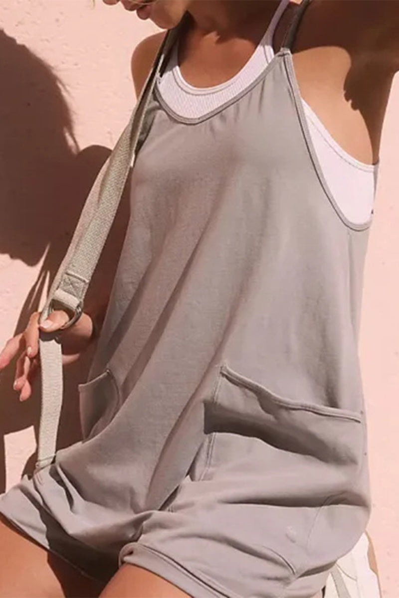 LM | Casual Simplicity Solid Bag V Neck Loose Rompers