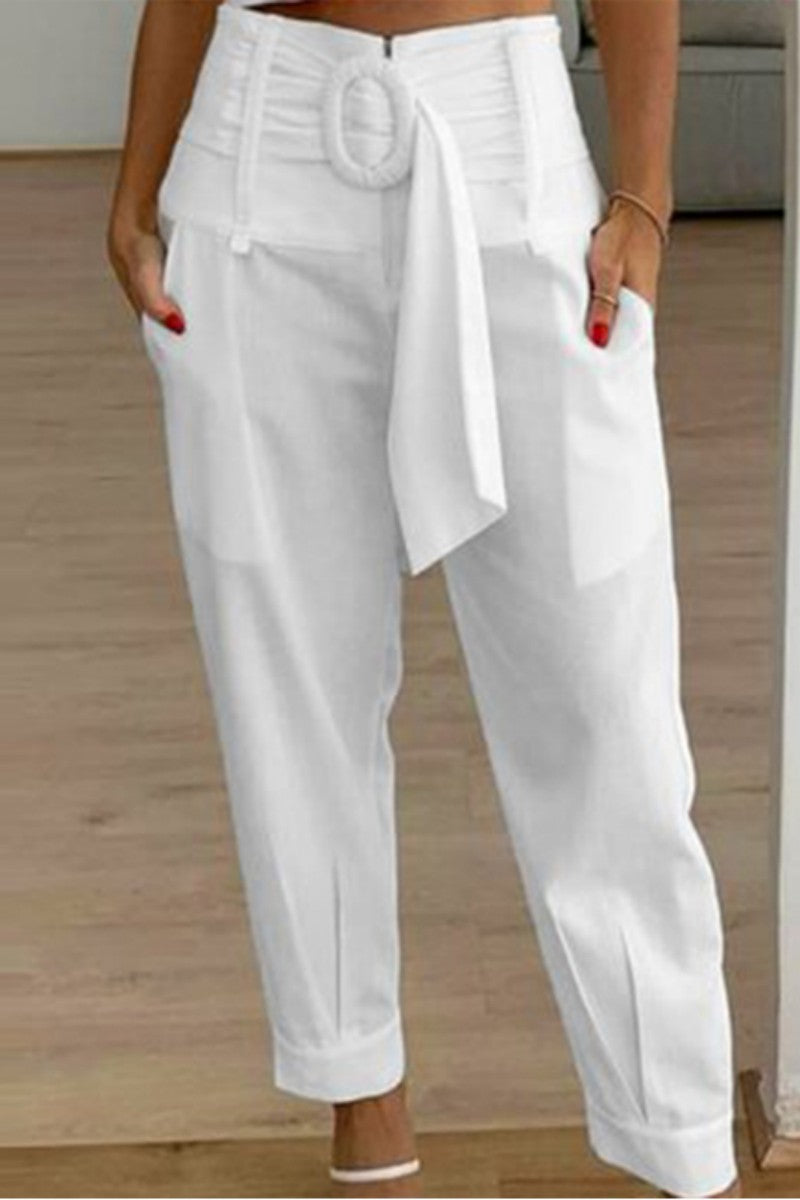 LM | Casual Solid Patchwork Regular High Waist Conventional Solid Color Pants