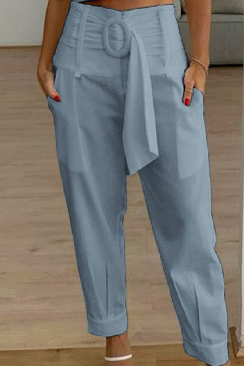 LM | Casual Solid Patchwork Regular High Waist Conventional Solid Color Pants