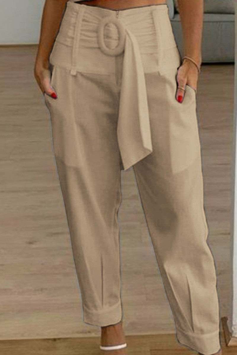 LM | Casual Solid Patchwork Regular High Waist Conventional Solid Color Pants