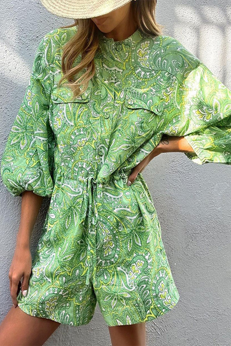 LM | Casual Print Frenulum Mandarin Collar Loose Rompers