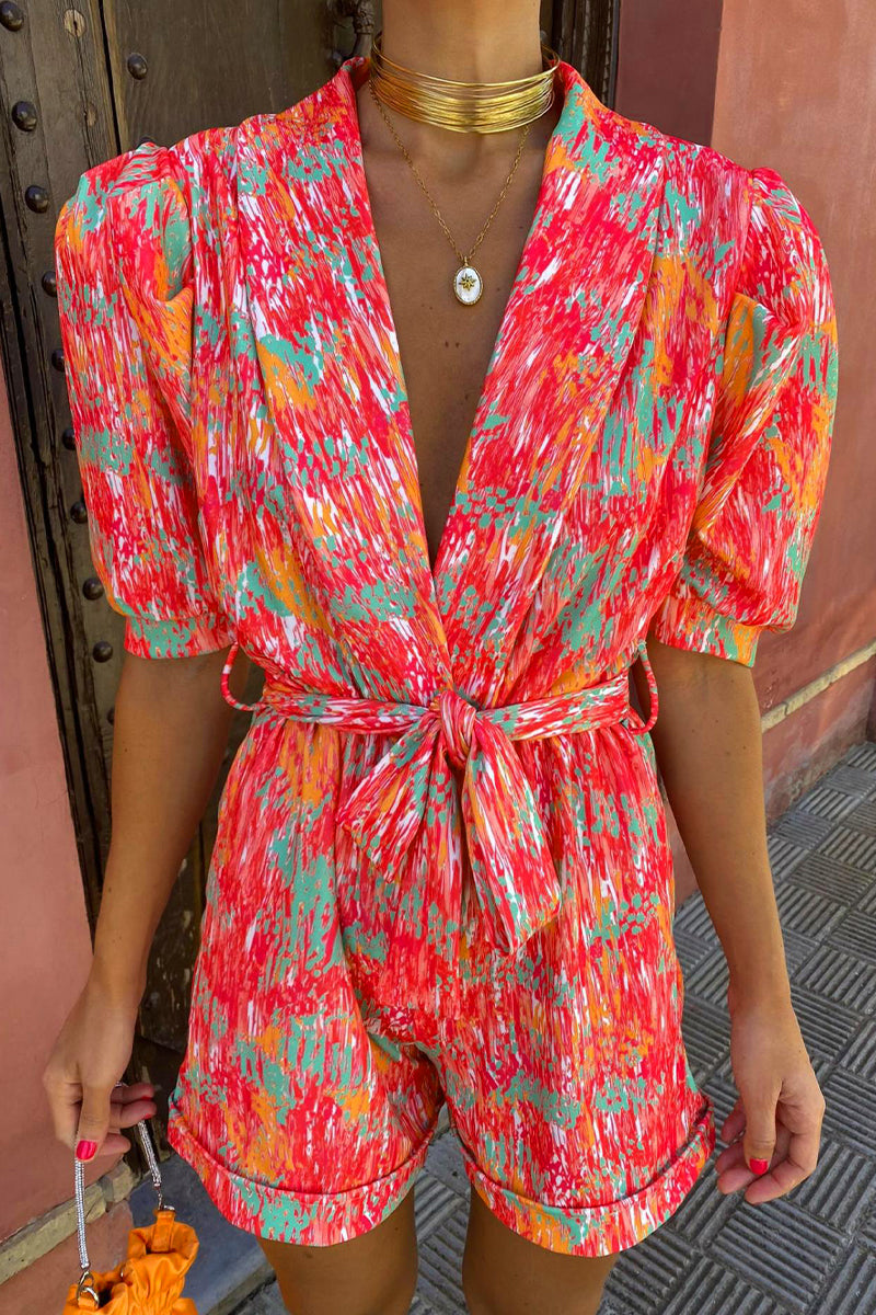 LM | Casual Print Bandage Turn-back Collar Loose Rompers