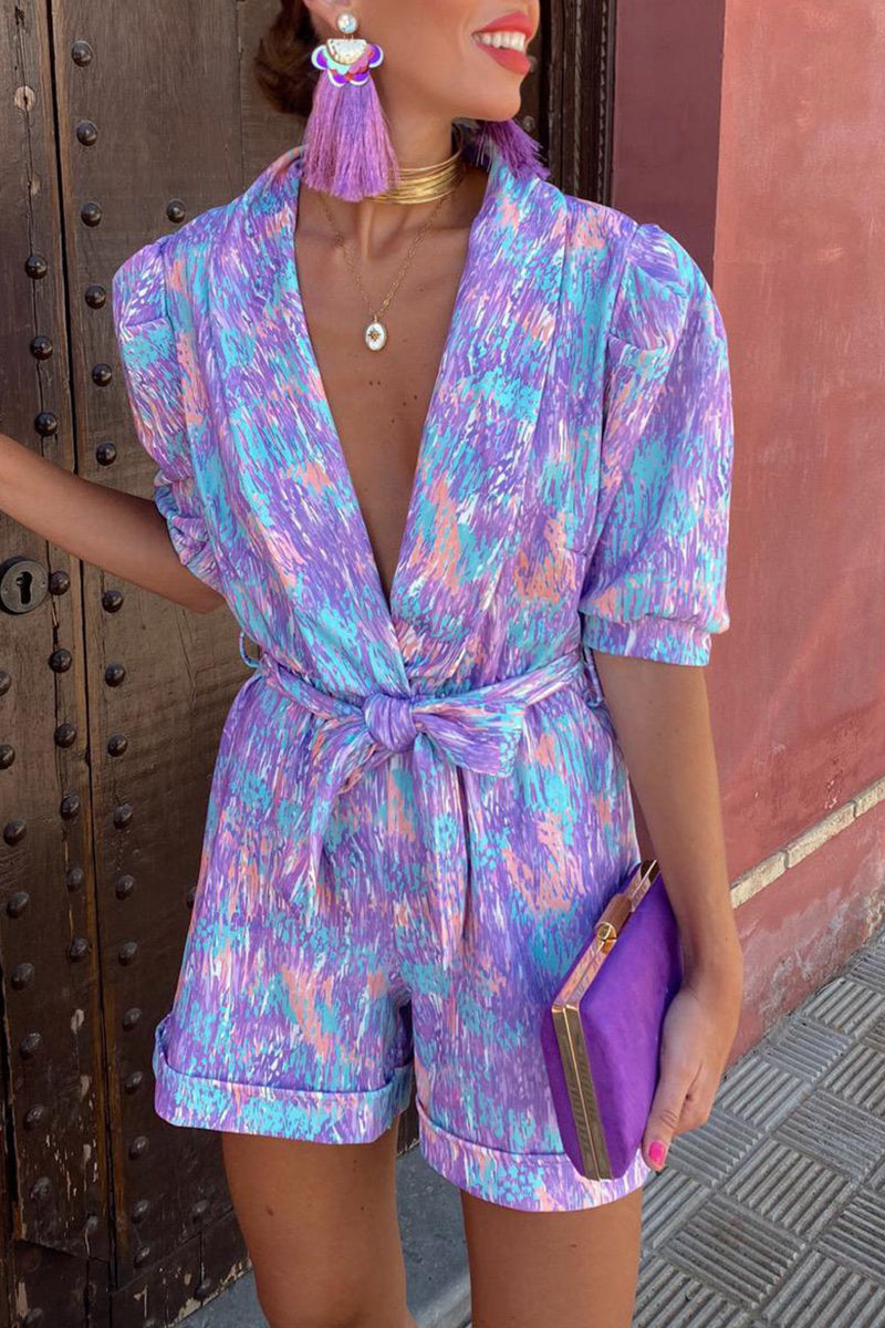 LM | Casual Print Bandage Turn-back Collar Loose Rompers
