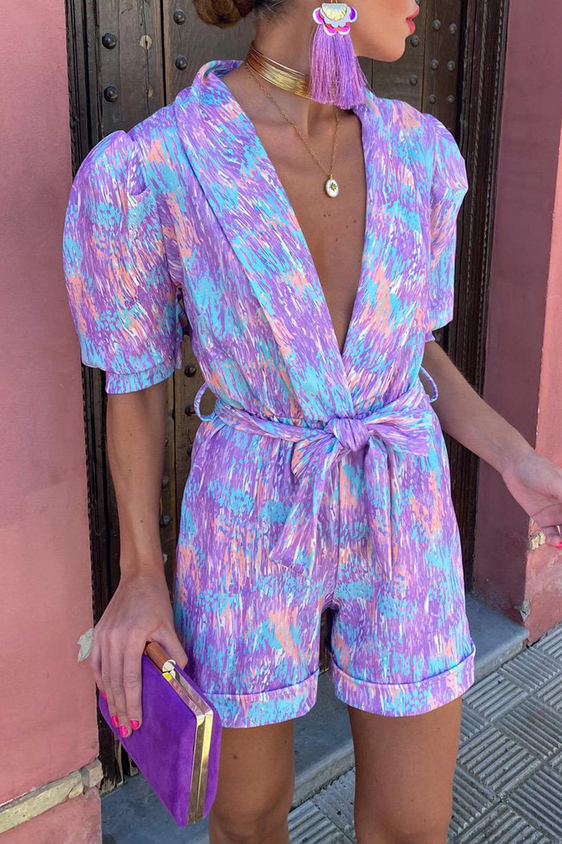 LM | Casual Print Bandage Turn-back Collar Loose Rompers