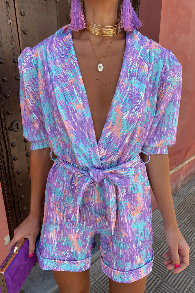 LM | Casual Print Bandage Turn-back Collar Loose Rompers
