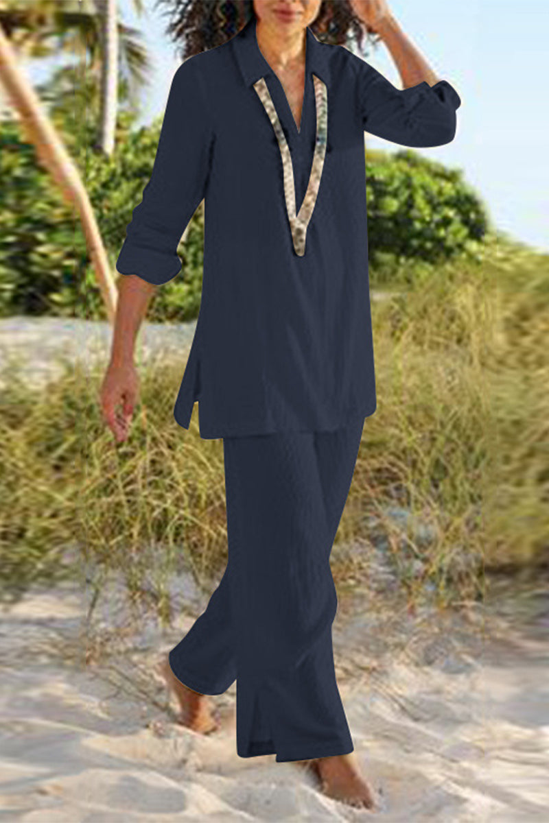 LM | Casual Solid Slit V-Neck Long Sleeve Two-Piece(4 Colors)
