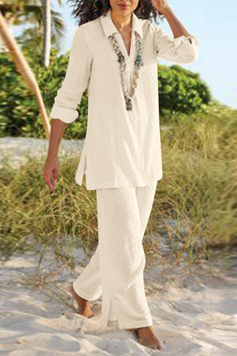 LM | Casual Solid Slit V-Neck Long Sleeve Two-Piece(4 Colors)