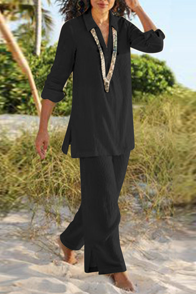 LM | Casual Solid Slit V-Neck Long Sleeve Two-Piece(4 Colors)