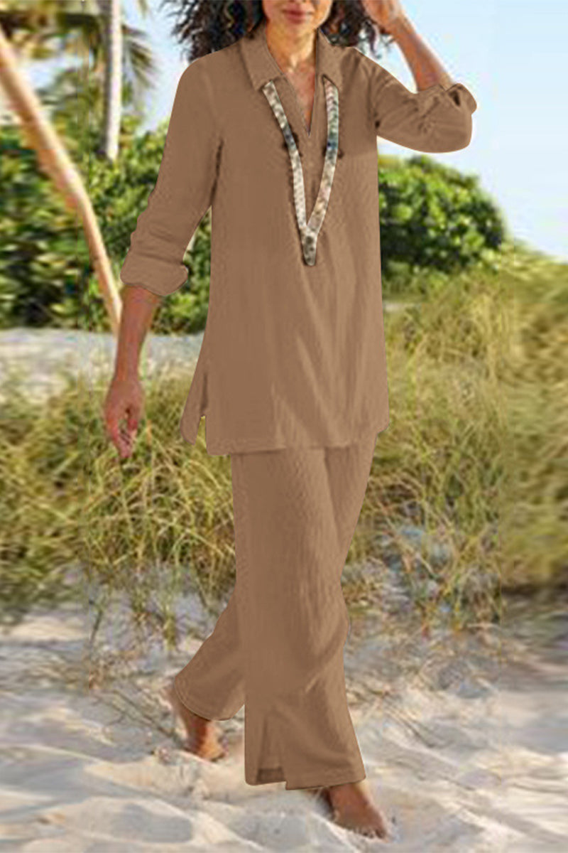 LM | Casual Solid Slit V-Neck Long Sleeve Two-Piece(4 Colors)