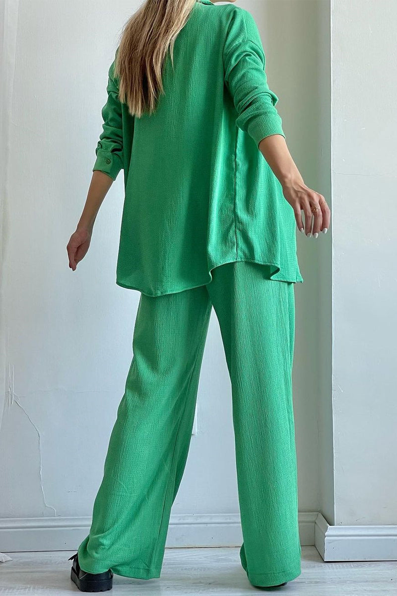 LM | Casual Solid Draw String Fold Turndown Collar Long Sleeve Three Piece (Shirt Vest Pants)