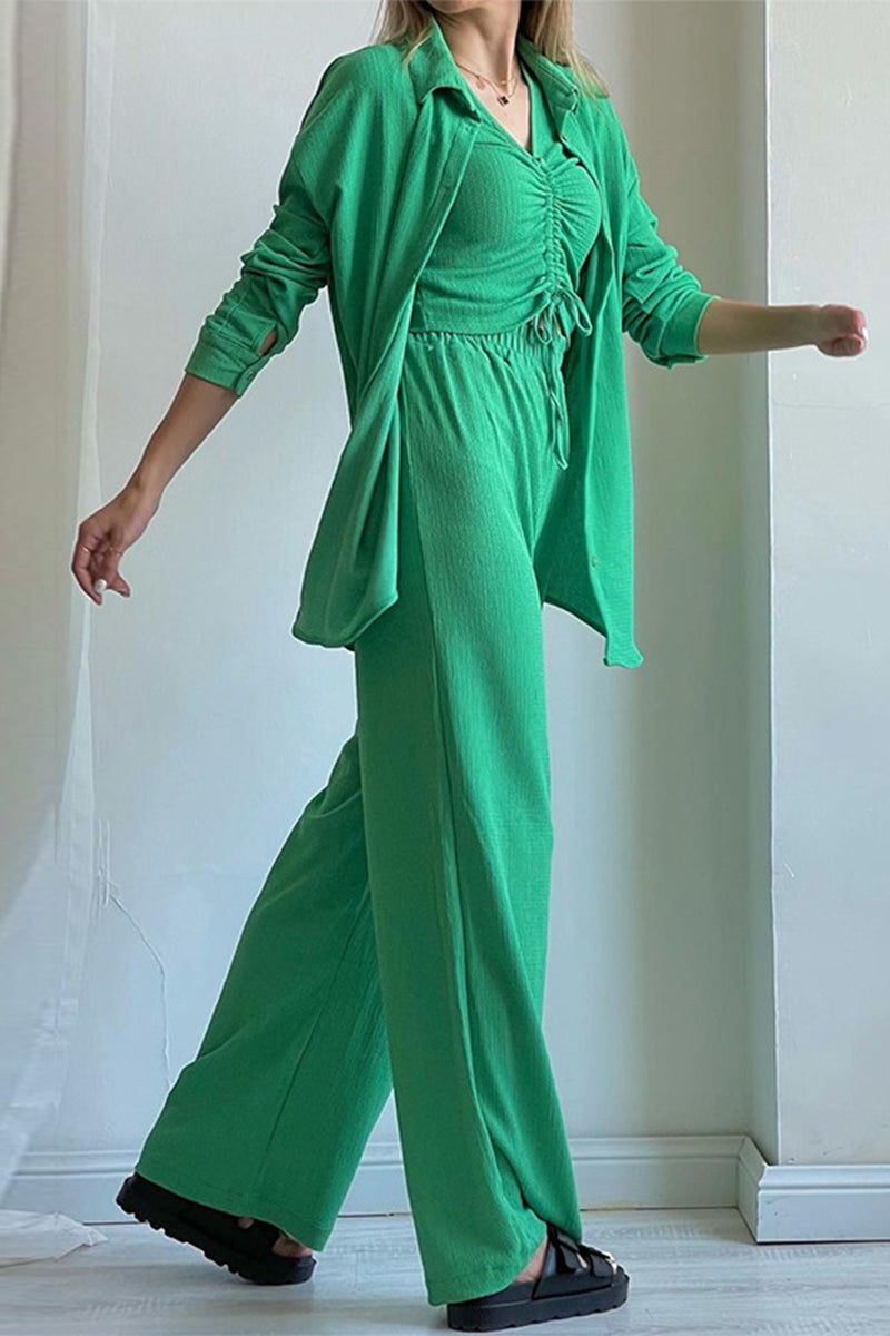 LM | Casual Solid Draw String Fold Turndown Collar Long Sleeve Three Piece (Shirt Vest Pants)