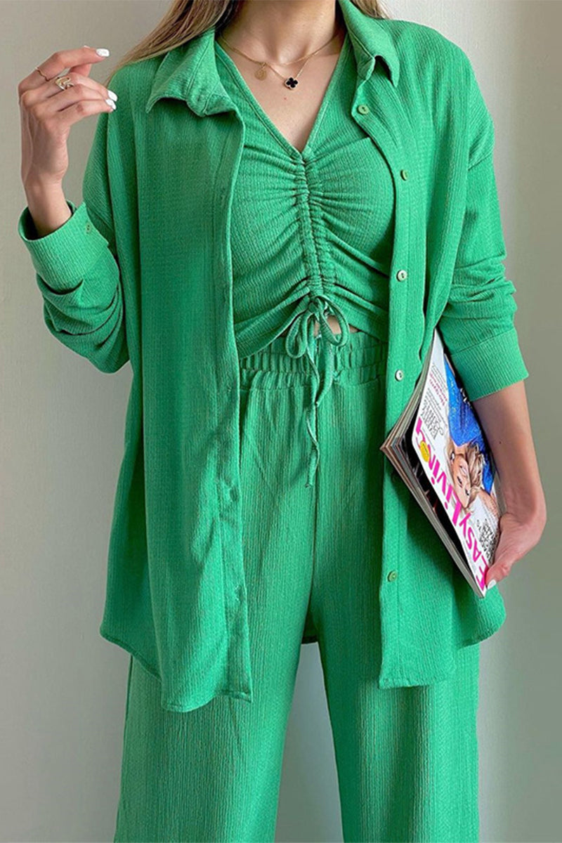 LM | Casual Solid Draw String Fold Turndown Collar Long Sleeve Three Piece (Shirt Vest Pants)