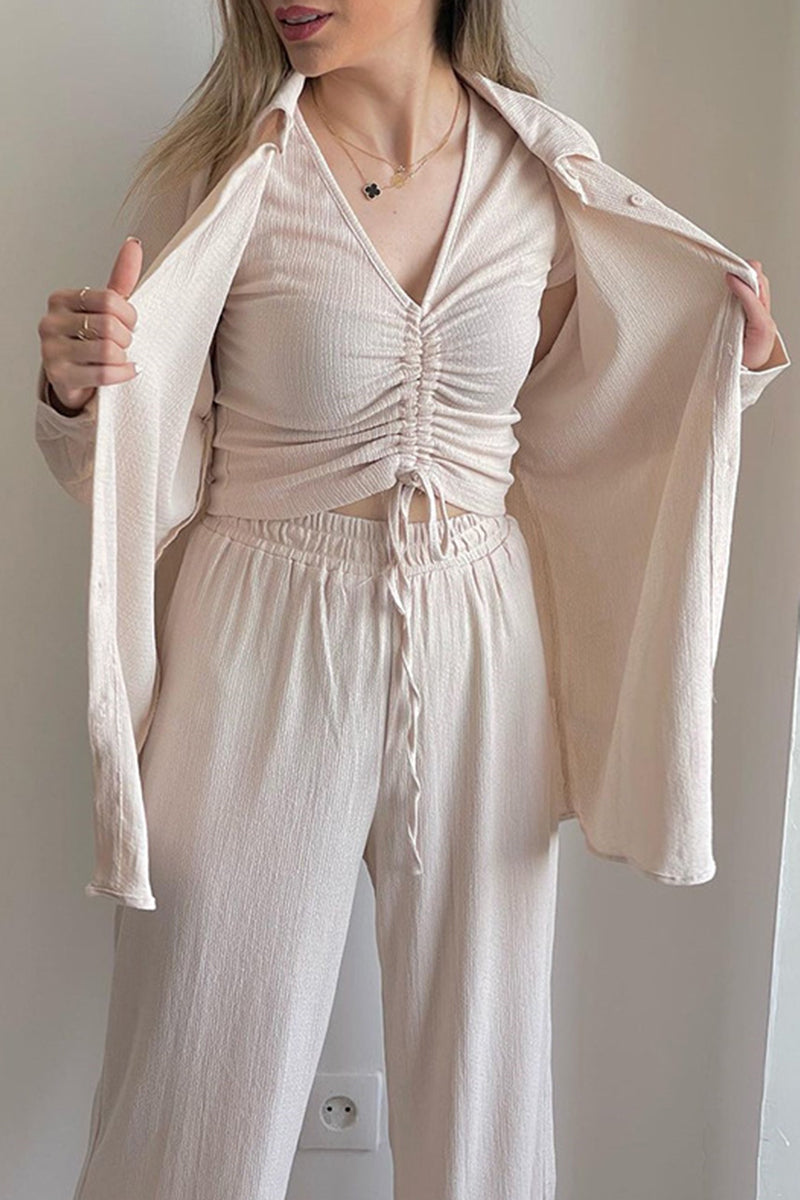 LM | Casual Solid Draw String Fold Turndown Collar Long Sleeve Three Piece (Shirt Vest Pants)