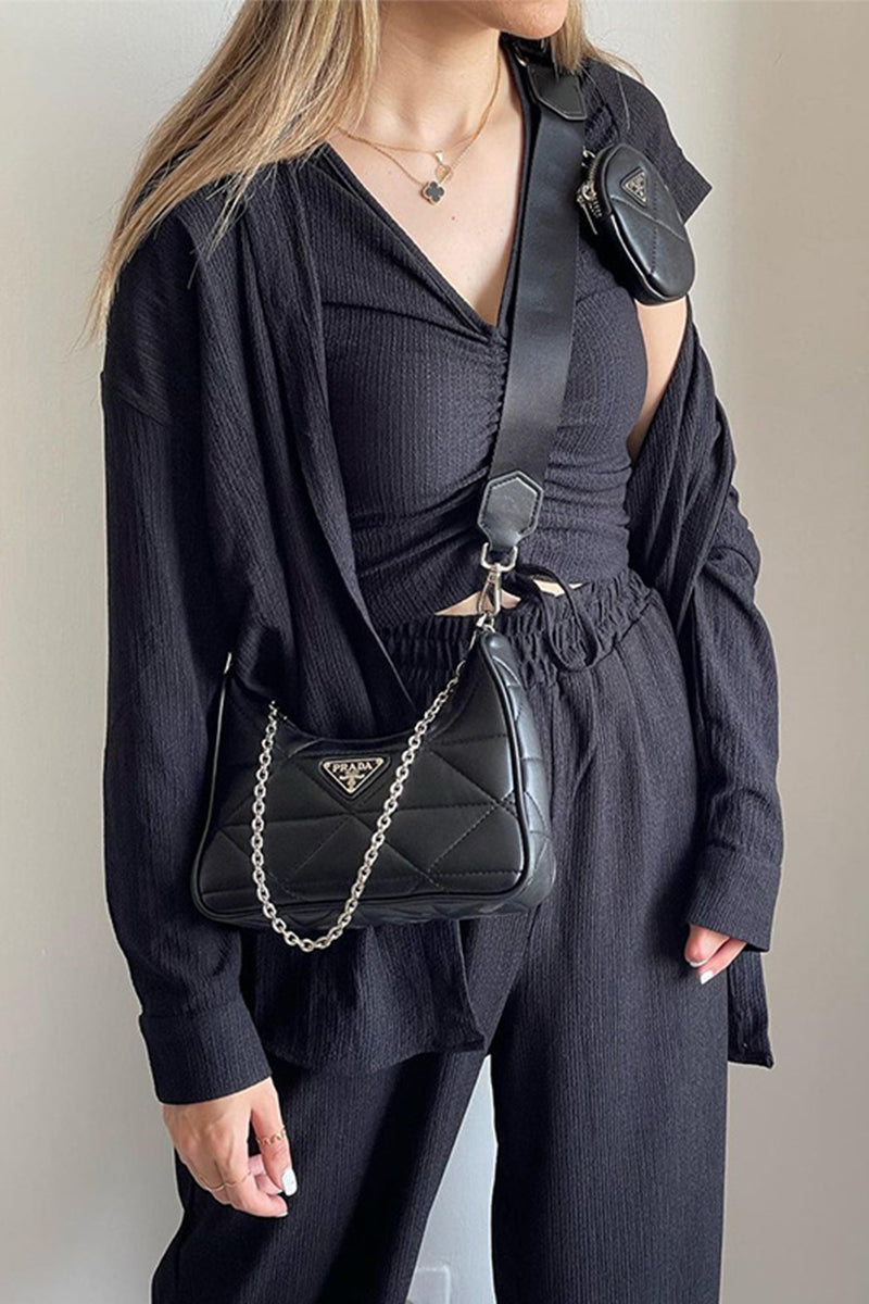 LM | Casual Solid Draw String Fold Turndown Collar Long Sleeve Three Piece (Shirt Vest Pants)