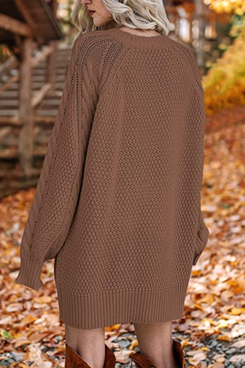LM | Elegant solid hollowed out O neck long sleeve dresses (12 colors)