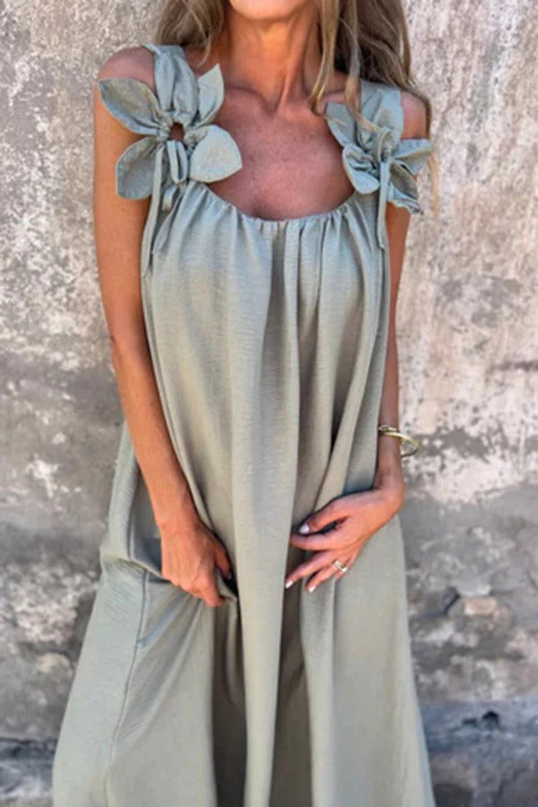 LM | Solid Floral Embellished Sleeveless Loose Maxi Dress