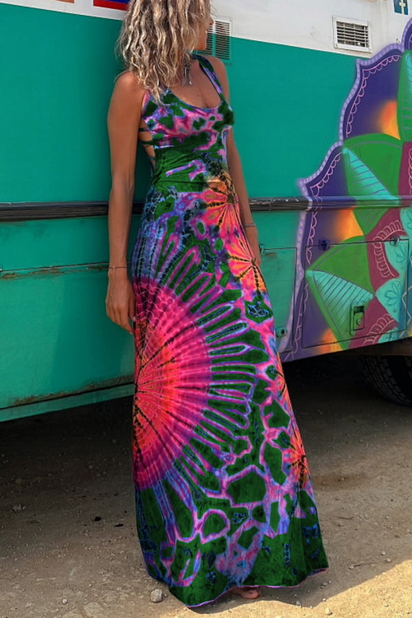LM | La Bamba tie-dye print back lace-up stretch maxi dress