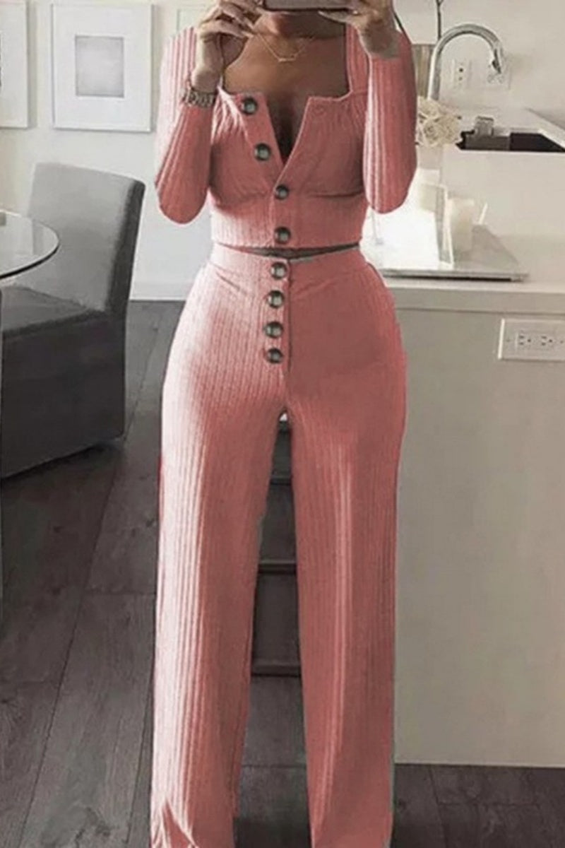 LM | Casual Solid Buttons Vests Pants U Neck Sleeveless Two Pieces