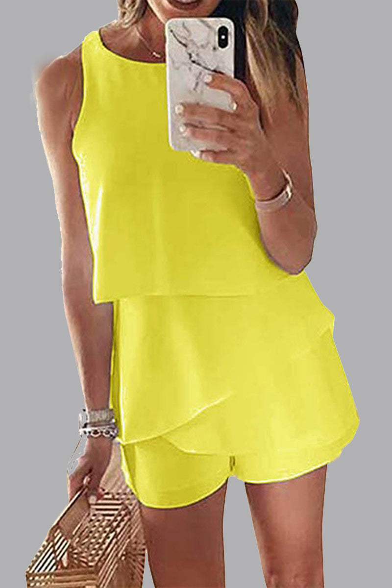 LM | Casual Solid Flounce O Neck Rompers