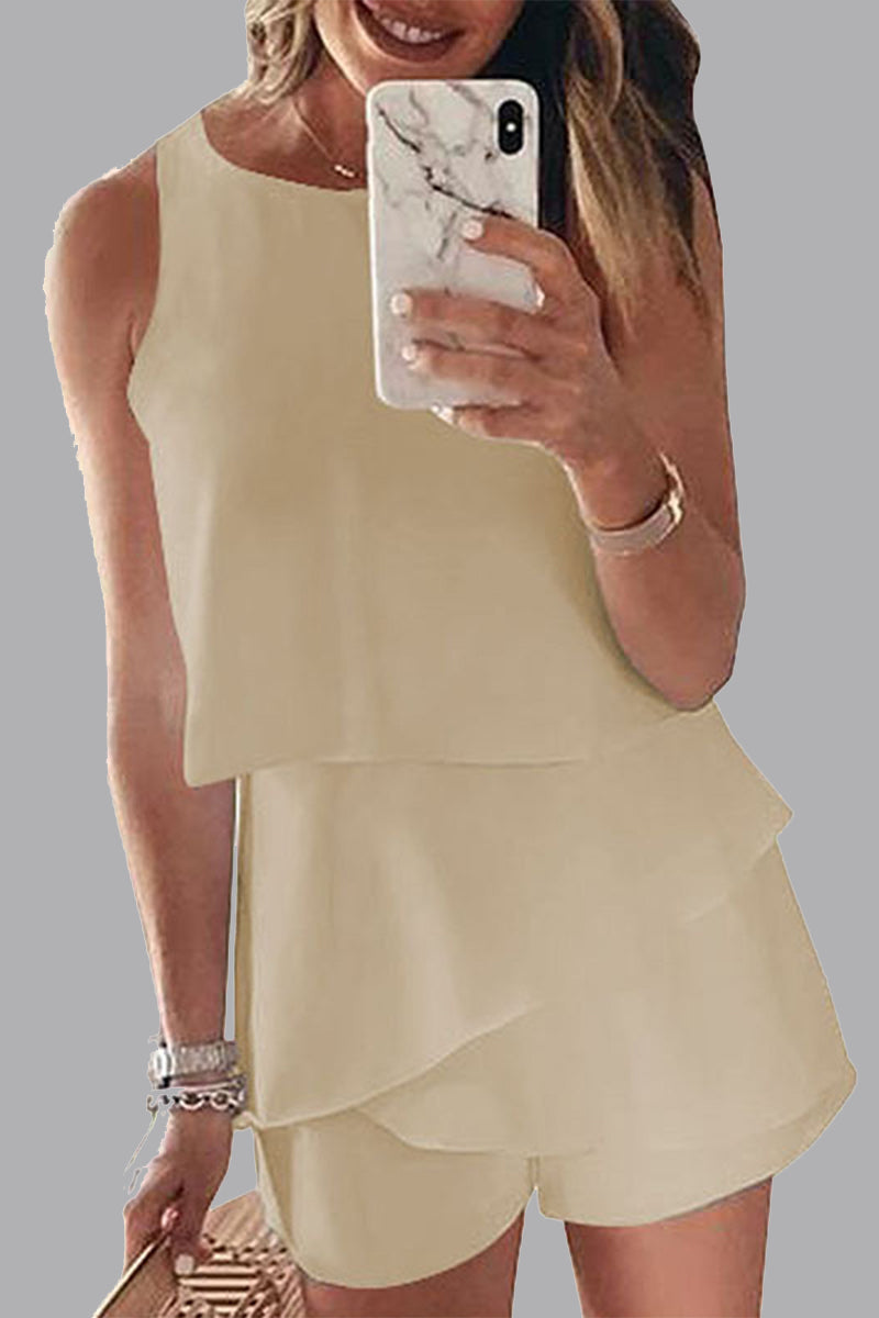 LM | Casual Solid Flounce O Neck Rompers