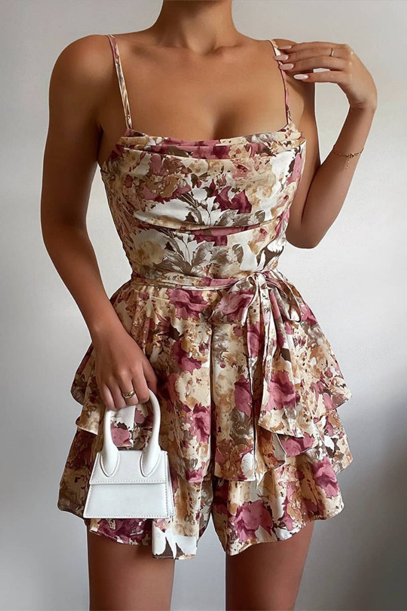 LM | Casual Print Patchwork Backless Spaghetti Strap Skinny Rompers