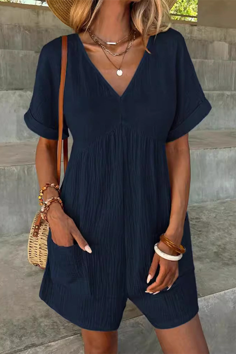 LM | Casual Simplicity Solid Bag V Neck Loose Rompers (5 Colors)